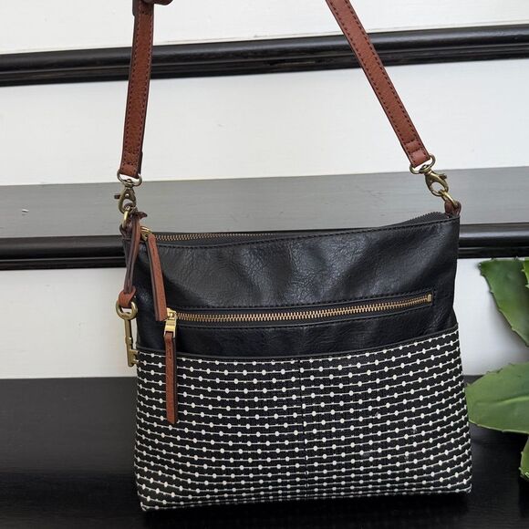 Fossil Handbags - Fossil genuine leather waxed canvas crossbody shoulder handbag purse neutral